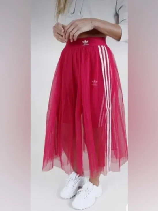 adidas Red Tulle Maxi Skirt with White Sport Stripes - Picture 2 of 9